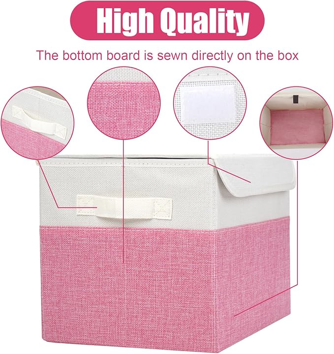 Large 22 Quart Linen Fabric Foldable Storage Bin Cube Organizer Basket with Flip-Top Lid & Handles, Clothes Blanket Box for Home, Office, Closet, Pink & White, 4 Pack 14.6 x 9.5 x 9.5-DeskLoop Office