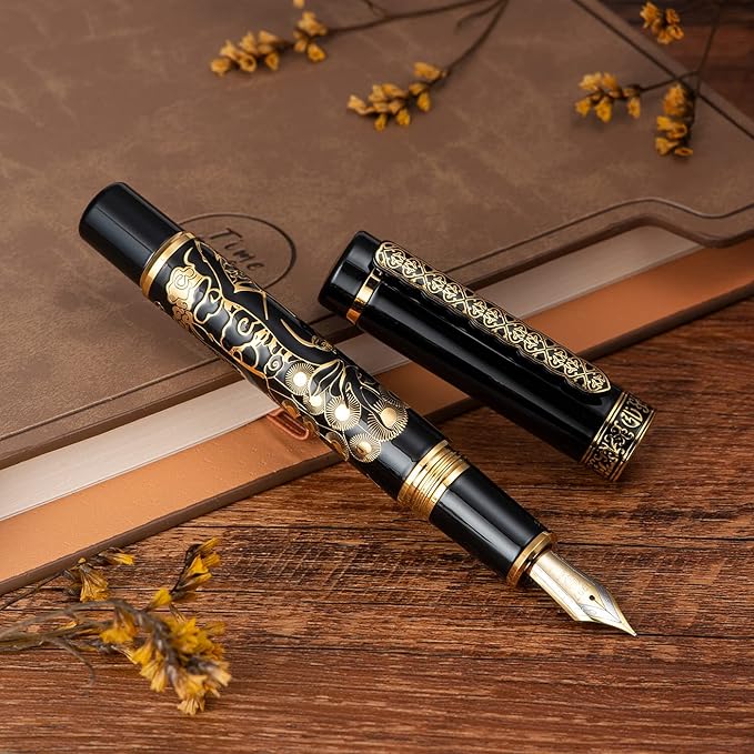 Hongdian 8037 Chinese Classical Fountain Pen, Iridum Extra Fine Gold Nib with Chinese Deer Totem Design, Smooth Writing Pen with Ink Converter and Metal Pen Box Set