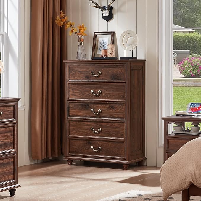 Farmhouse 5 Drawer Dresser for Bedroom, 45" Tall Rustic Chests of Drawers w/ 4 Solid Wood Feet, Mid Century Modern Wooden Closet Storage Dressers Organizer for Living Room, Hallway, Brown-DeskLoop Office