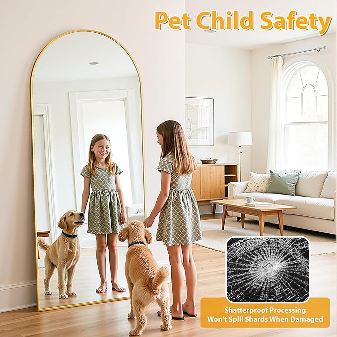 Full Length Mirror, 78"x38" Oversized Floor Mirror Freestanding, Full Body Mirror Floor Standing Mirrors with Stand, Hanging Mounted Mirrors for Bedroom Living Room, Gold, Arched Style-DeskLoop Office