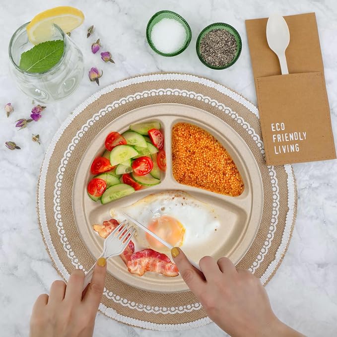 100PCS 100% Compostable 10in Brown Paper Plate, 3-Compartment Heavy Duty - Image 7