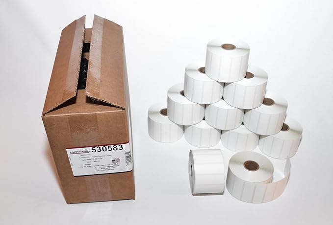 CompuLabel Direct Thermal Labels, 2 1/4 x 3/4 Inch, White, Roll, Permanent Adhesive, Perforations Between Labels, 1700 per Roll, 12 Rolls per Carton (530583)-DeskLoop Office