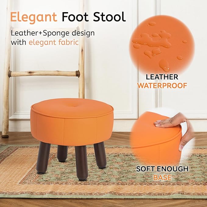 13in Small Foot Stool Ottoman, Round Faux Leather Foot Rest for Couch, Under Desk Pouf Footstool Footrest with Non-Skid Rubber Legs for Ling Room, Bedroom, 13''L x 13''W x 10.2''H, Orange-DeskLoop Office