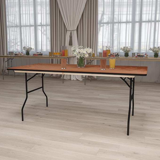 Flash Furniture Fielder 6' Rectangular All-Occasion Wood Folding Event Table, Foldable Portable Banquet Table with Wooden Top, Natural/Black-DeskLoop Office