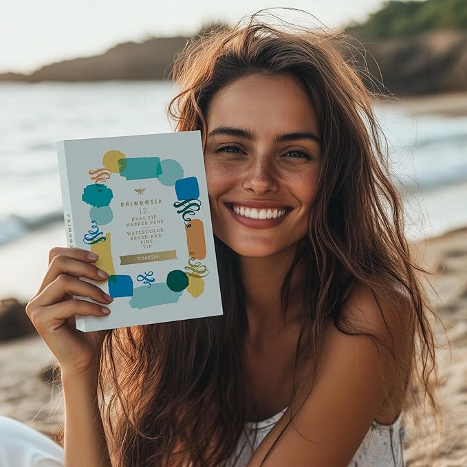 Primrosia 12 Dual Tip Watercolor Marker Pens - Fine Tip & Brush Tips, Professional Quality, 4 x Sticker Sheets, Blendable, Non-Toxic, Perfect for Calligraphy, Drawing & Coloring. (Coastal)-DeskLoop Office