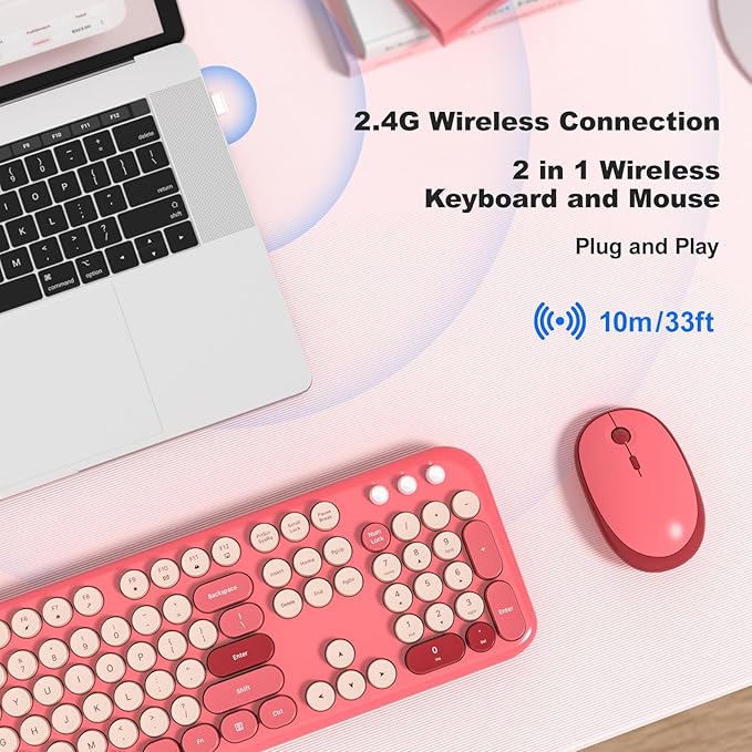 MOFII Wireless Keyboard and Mouse Combo, Cute Keyboard Full Size and Wireless Mouse, 2.4GHz Retro Typewriter Keyboard Wireless Mouse Set for PC/Desktop/Laptop/Windows (Hot Pink)-DeskLoop Office