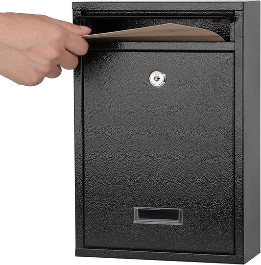 KYODOLED Key Lock MailBoxes for Outside, Locking Wall Mount Mailbox, Security Key Drop Box for Letters Newspapers, Cards, 12.4H x 8.54L x 3.35W Inches, Black-DeskLoop Office