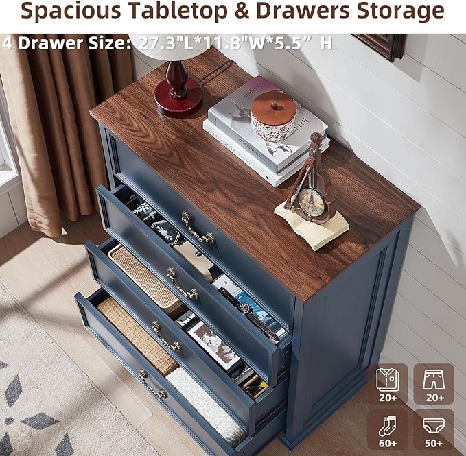 Farmhouse 4 Drawer Dresser Set of 2 for Bedroom, 37" Tall Rustic Chests of Drawers w/ 4 Solid Wood Feet, Mid Century Vintage Wooden Closet Storage Dressers Organizer for Living Room, Navy Blue-DeskLoop Office