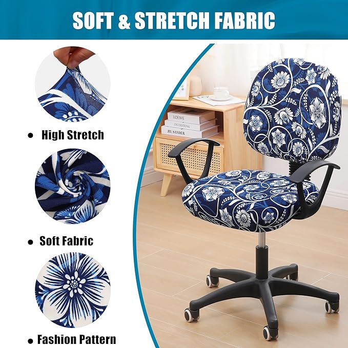Smiry Stretch Printed Office Computer Chair Covers, Universal Washable Removable Desk Rotating Chair Slipcovers Protector, Seat + Backrest Cover - Navy Blue-DeskLoop Office
