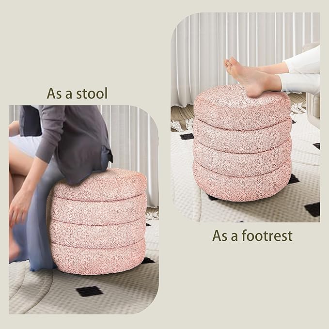 Storage Ottoman, Round Ottoman with Storage, Vanity Stool Foot Rest with Removable Lid, Round Boucle Upholstered for Living Room Pouf Footstool (Pink)-DeskLoop Office
