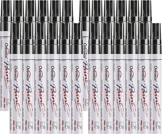 Overseas Black Paint Pens Permanent Markers 24 Pcs, Oil Based Paint Markers Set, Quick Drying, Waterproof, Medium Tip Marker Pens for Metal, Rock, Wood, Plastic, Canvas, Glass, Stone, Rubber, Paper