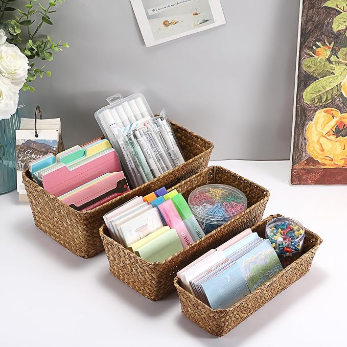 3 Natural Wicker Basket Set Rectangular Handwoven Seagrass Basket Storage Bins - Image 6