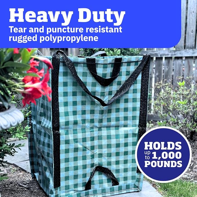 DURASACK Heavy Duty Home and Yard Bags 48-Gallon Reusable Self-Standing Lawn and Leaf Bags Garbage Can with Reinforced Handles, Gingham Green, 3 Pack-DeskLoop Office