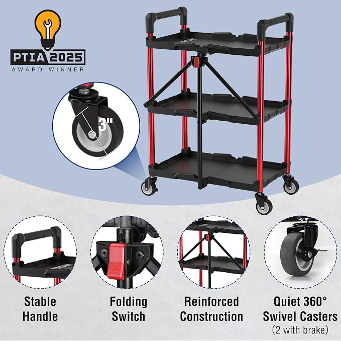 WORKPRO 3-Tier Collapsible Service Cart, 210 LBS Foldable Utility Cart - Image 5