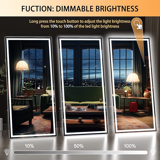 Hasipu Full Length Mirror with Lights, 95" x 40" LED Lighted Floor Standing Mirror, Full Body Dressing Hanging Mounted Mirrors, Dimmable, Tempered Glass, Safe to Use, Square Black-DeskLoop Office