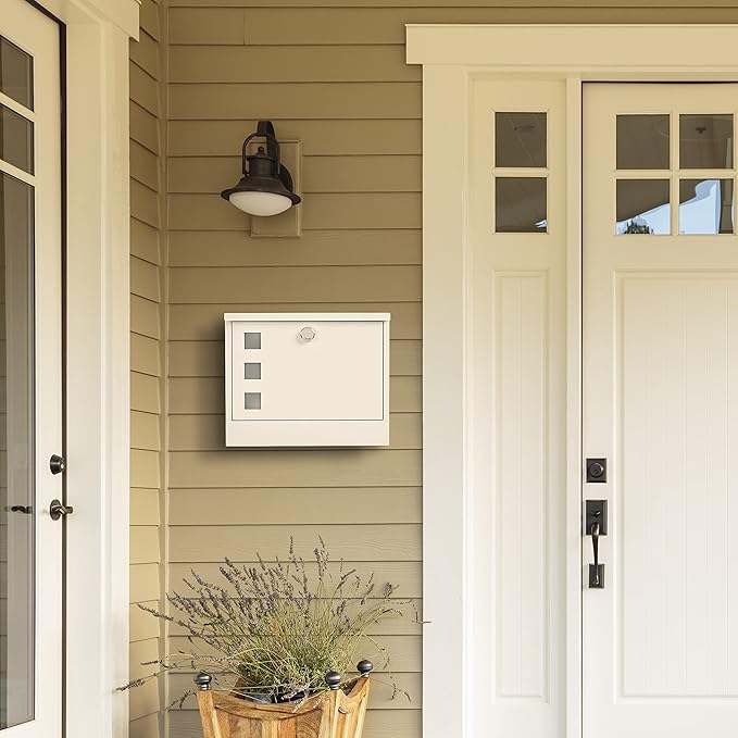 LAND·VOI Locking Mailbox Wall Mounted, Metal Postbox with Three Sets of Mail Box Number Stickers, 4 Keys, 14.4" x 4.5" x 11.2", Large Capacity, Textured White, AMB11W-DeskLoop Office