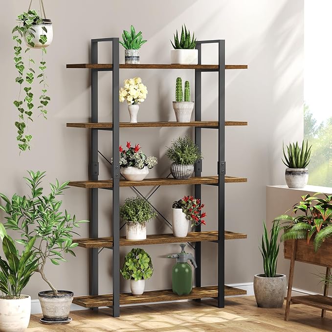 FRAPOW 5 Tier Bookshelf, 70 inch Tall Solid Bookcase Industrial Wooden Bookshelves Large Wall Etagere Rustic Vintage Book Shelf with Metal Frame Open Storage Rack for Living Room Home Office-DeskLoop Office
