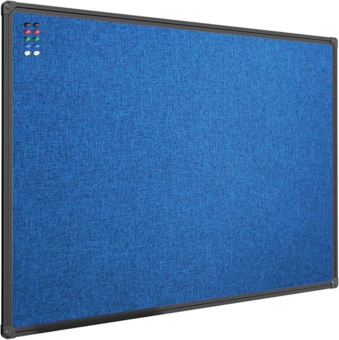 JILoffice Cork Linen Bulletin Board 36 X 24 Inch (Blue), Black Aluminum Frame Wall Mounted Board Memo Pin Board for Office Home and School-DeskLoop Office