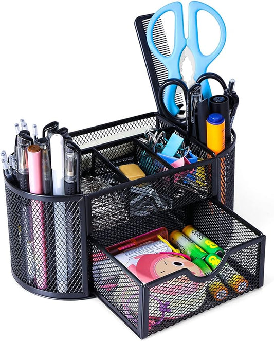 Black Mesh Pen Holder Desk Organizer Cute Office Supplies Pencil and Marker Organizers Oval Desk Caddy with 8 Compartments and 1 Drawer Workspace Accessories for Office School Home-DeskLoop Office