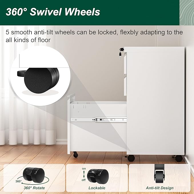 Superday White 3 Drawer Mobile Locking File Cabinet, Metal Rolling Vertical Filing Cabinet with Drawers, Small Under Desk File Cabinets for Office and Home, Fully Assemble-DeskLoop Office