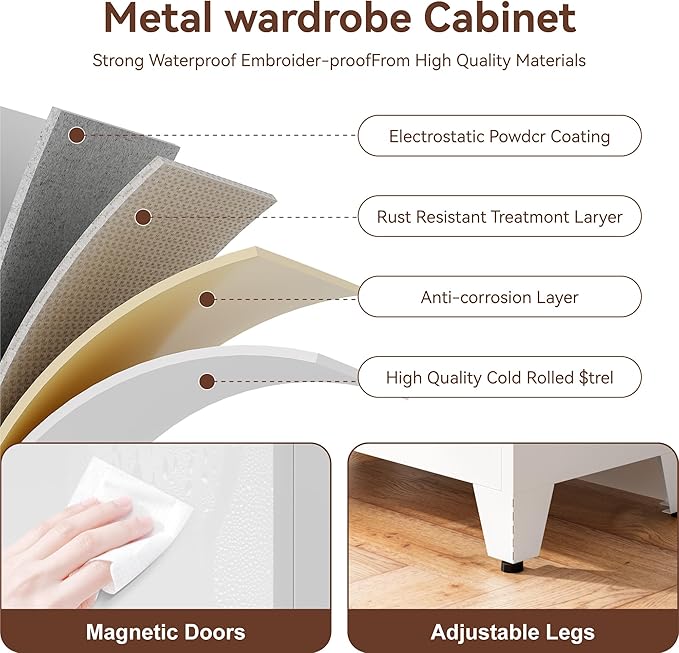 Farmhouse Wardrobe Cabinet,Metal Wardrobe Closet with Hanging Rod,Metal Armoire with Adjustable Shelves for Bedroom,Living Room, Cloak Room,Office (White)-DeskLoop Office