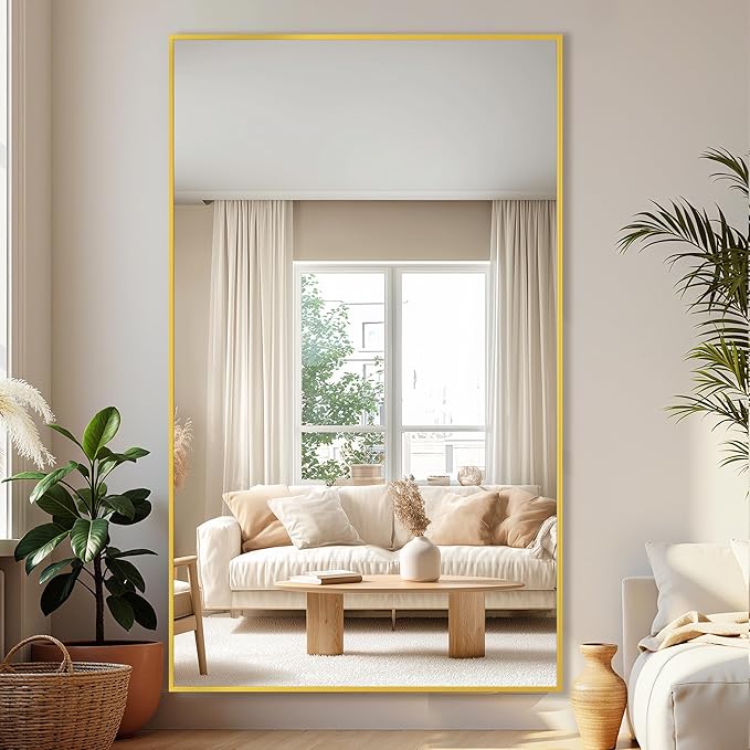 Full-Length Floor Mirror with Stand, 72"x44" Rectangle Style Full Body Standing Mirror for Bedroom, Living Room, Gym, Dorm - Shatter-Resistant & Easy Assembly, Gold-DeskLoop Office