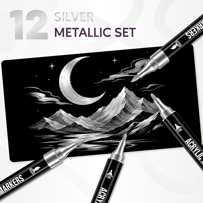 Pagather Silver Acrylic Paint Markers, 12 Pack Dual Tip - Image 3