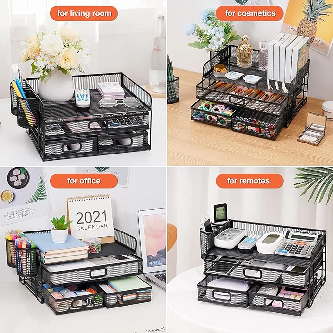 Marbrasse 3 Tier Mesh Desk Organizer with Drawer, Multi-Functional Desk Organizers and Accessories, Paper Letter Organizer with 2 Pen Holder for Home Office Supplies (Black)-DeskLoop Office