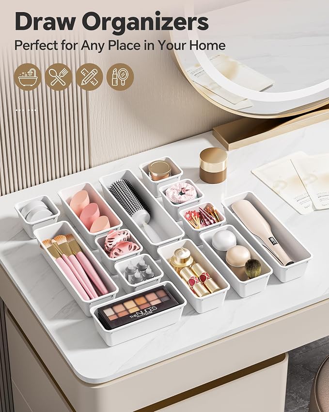 Canfanni 13 Pack Plastic Drawer Organizers Set, 3 Sizes Desk Drawer Organizer - Image 6