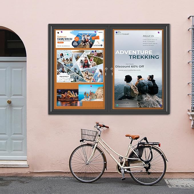 Enclosed Bulletin Board Lockable,Double-Door Weatherproof Outdoor Noticeboard with Locking Door, Wall-Mounted Aluminum Framed Presentation Board, 44x32 Inch (8xA4)-DeskLoop Office