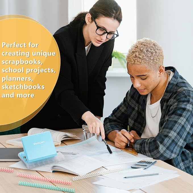 Worklion Binding Machine for Planner: Small Bookbinding Machine with Multicolor Loose Leaf Binder Rings for Making 26 Holes/B5 Paper, 30 Holes/A4, 20 Holes/A5 Book, 29 Holes/Letter Size, Blue-DeskLoop Office