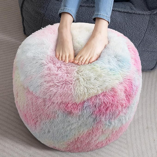 HIGOGOGO Round Stuffed Pouf Ottoman, Long Faux Fur Poufs with Foam Chunk Filling, Fluffy and Furry Pouf Foot Stool Storage Ottoman, 20 X 15 Floor Poufs Foot Rest for Living Room, Rainbow-DeskLoop Office