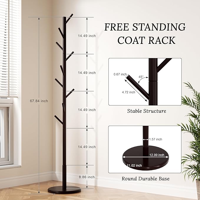 Wooden Freestanding Coat Tree with 4 Height Options and 9 Hooks, Sturdy Coat Rack Stand for Clothes/Bags/Hats, Save Space Coat Rack for Entryway, Bedroom, Office, Narrow Place (Coffee)-DeskLoop Office