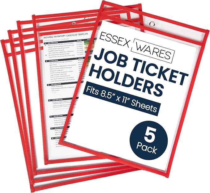 Essex Wares - 5 Pack, Job Ticket Holders, Reusable & Easy Erase Plastic Invoice by EssexWares