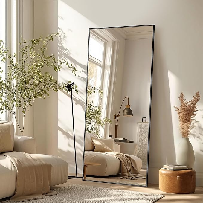 Full Length Mirror, 58"x18" Oversized Floor Mirror Freestanding, Full Body Mirror Floor Standing Mirrors with Stand, Hanging Mounted Mirrors for Bedroom Living Room, Black, Rect Style-DeskLoop Office