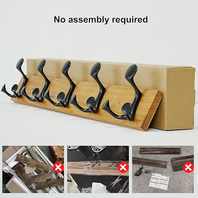 SKOLOO 24-Inch Light Brown Wood Coat Rack Wall Mount with 5 Triple Hooks - Ideal for Family Entrances, Classrooms, and Pet Supplies Storage - Perfect Coat Hooks for Wall-DeskLoop Office