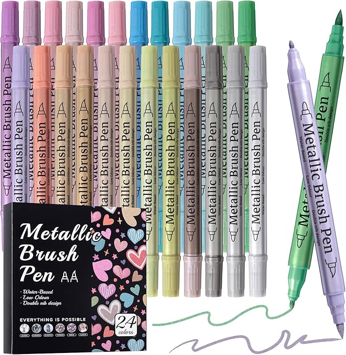24 Pack Metallic Markers, Dual Tip Glitter Pens for Black Paper & Rock Painting Metallic Acrylic Paint Markers for DIY Crafts, Scrapbooking, Glass, Wood, Cards Alcohol Based Quick Dry Ink-DeskLoop Office