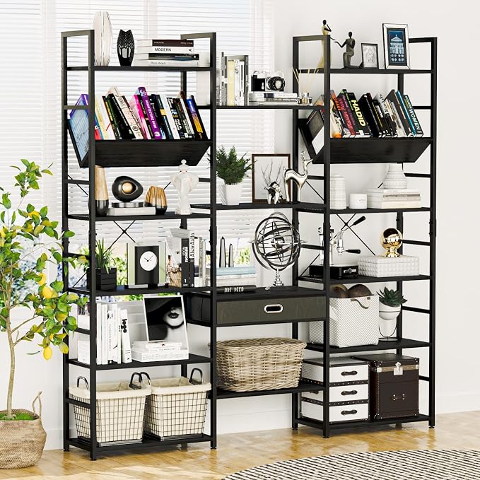 NUMENN Triple Wide 6 Tier Bookshelf, Adjustable Rustic Industrial Style Book - Image 2