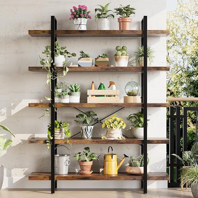 Heavy Duty 5-Tier Industrial Bookcase, 47" Wide Wood Bookshelf for Home Office, 120lbs Shelf Capacity, Rustic Open Shelving Display with Reinforced Horizontal Shelf for Living Room Bedroom-DeskLoop Office