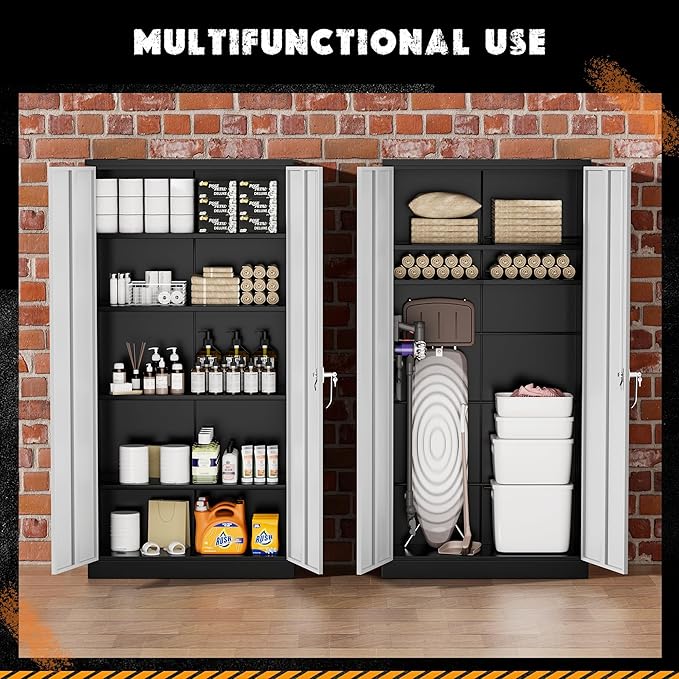 Greenvelly Metal Garage Storage Cabinet with Lock, 72”Metal Storage Cabinet with 2 Doors and 4 Adjustable Shelves, Steel Tool Cabinet for Garage,Home Office, School,Gym (Black Grey)-DeskLoop Office