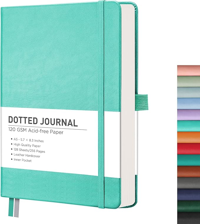 RETTACY Bullet Dotted Journal Notebook, 256 Pages, A5 Medium Size (5.7'' × 8.3''), Leather Hardcover, 120 GSM Thick Paper, for Bullet Journaling, Planning, Tracking (Mint)-DeskLoop Office