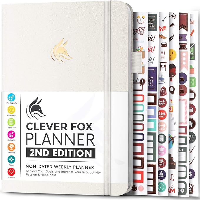 Clever Fox Planner 2nd Edition – Colorful Weekly & Monthly Goal Planner, Time Management & Productivity Organizer, Undated, A5 (White)-DeskLoop Office