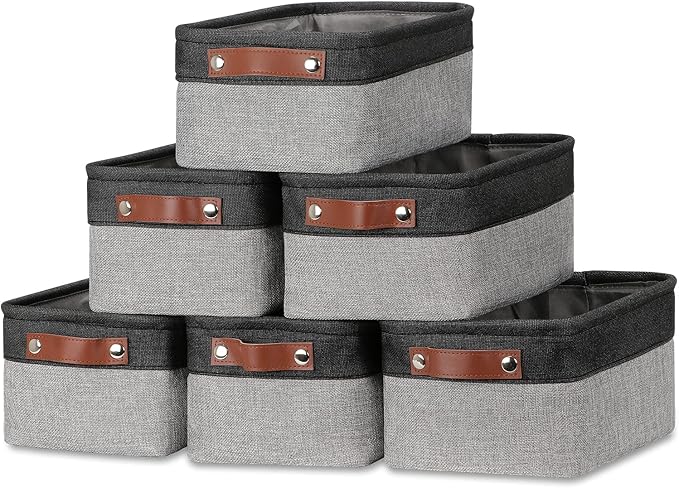 DULLEMELO Small Storage Baskets for Shelves, Small Fabric Collapsible Rectangular Storage Bins for Shelves, Closets, Nursery, Home, Office, Empty Gift Baskets (6-Pack, Black&Gray)-DeskLoop Office
