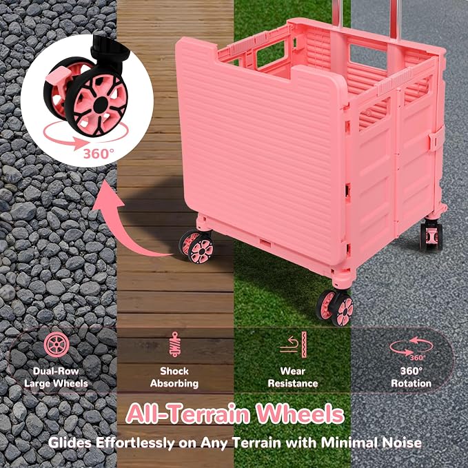 FELICON SELORSS Folding Utility Cart Portable Rolling Crate Handcart-Pink | - Image 3