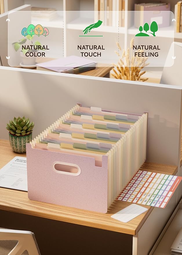 Accordion File Organizer, 26 Pockets Wheat Straw Expanding File Folders, Upright&Open Top, A-Z Bill Receipt Organizer, 100% BPA Free, Return to Nature, Healthy Living, Letter/A4 Size-Lavender Purple-DeskLoop Office