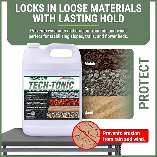 Ground Glue Tech-Tonic Landscape Adhesive for Rock, Mulch, and Sand, Weatherproof Long-Lasting Stabilizer for Trails & Slopes, Pet-Safe Binder for Pea Gravel, Bark & Flower Beds, Made in USA, 1 Gallon-DeskLoop Office