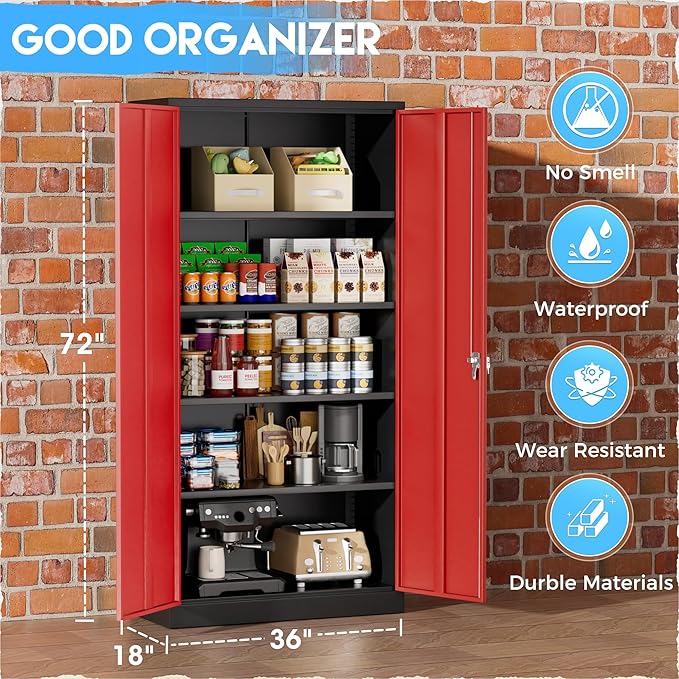 Greenvelly Metal Cabinet with 2 Doors and Adjustable Shelves, 72”H Steel Storage Cabinet, Locking Tall Metal Storage for Office, Home, Garage, School-DeskLoop Office