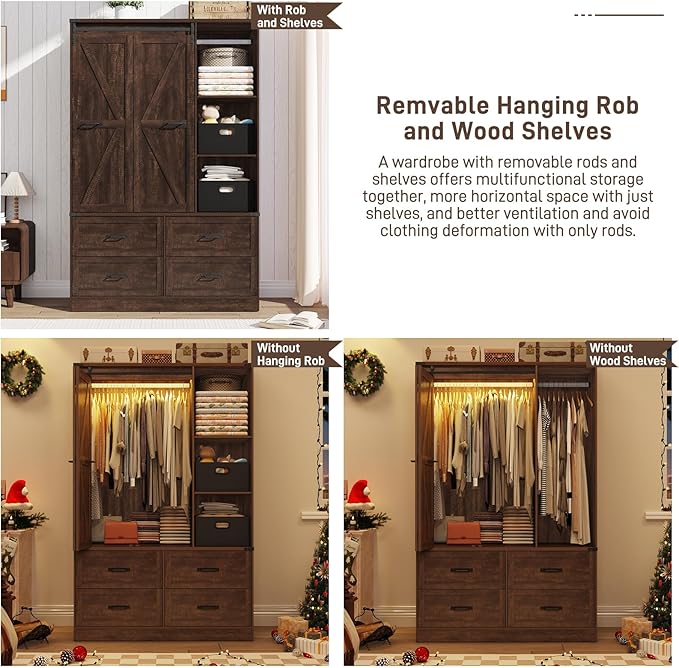 Farmhouse 3 Doors Armoire Wardrobe Closet w/Folding Sliding Barn Door and Lights, LED Armoire Closet w/Drawers for Bedroom, Freestanding Wooden Wardrobe Storage Closets w/Hanging Rod,Rustic Brown-DeskLoop Office