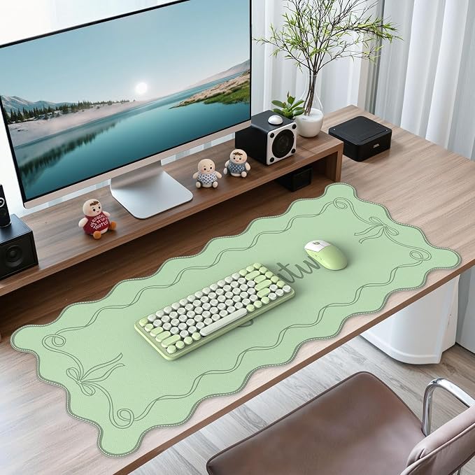 iCasso Green Scalloped Desk Cover Mat, Extra Large Mouse Pad, PU Leather Desk by iCasso