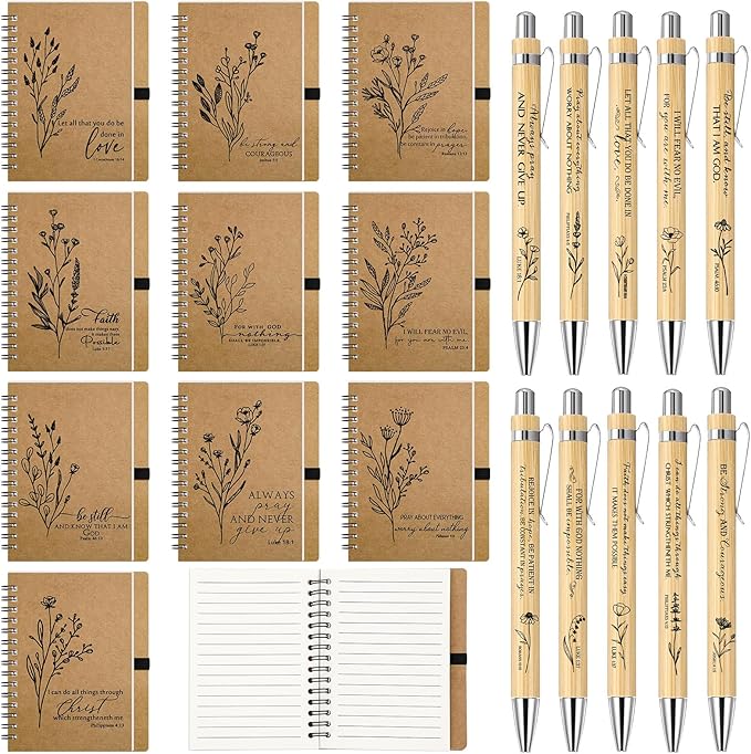 100 Pcs Bible Verse Spiral Notebook with Bamboo Christian Ballpoint Pens Aesthetic Religious Notepads Inspirational Journals Easter Christian Gifts for Women Men Office (Classic Style)